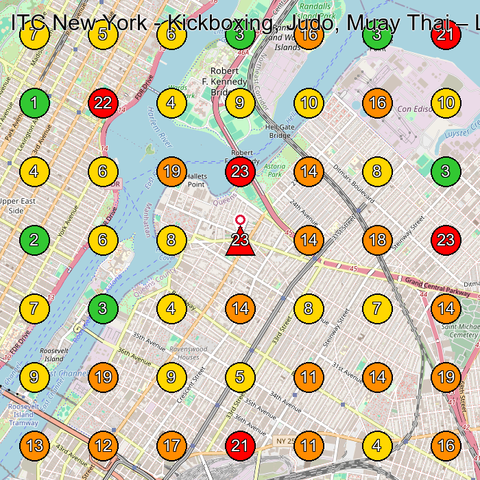 ITC New York - Kickboxing, Judo, Muay Thai Martial Arts School GeoGrid ranking map for Queens NY